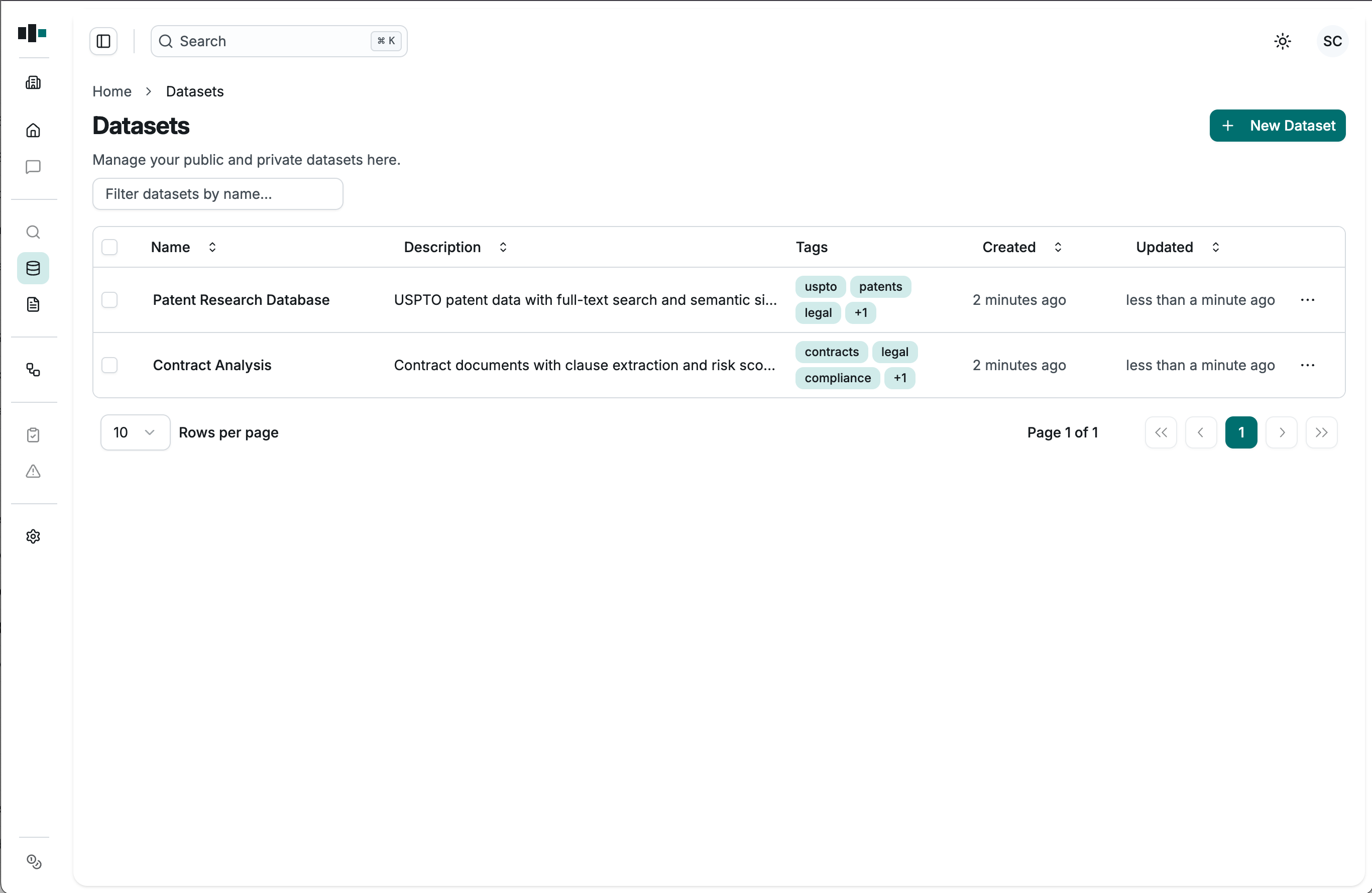 Catalyzed Data - Dataset list view with tags and descriptions