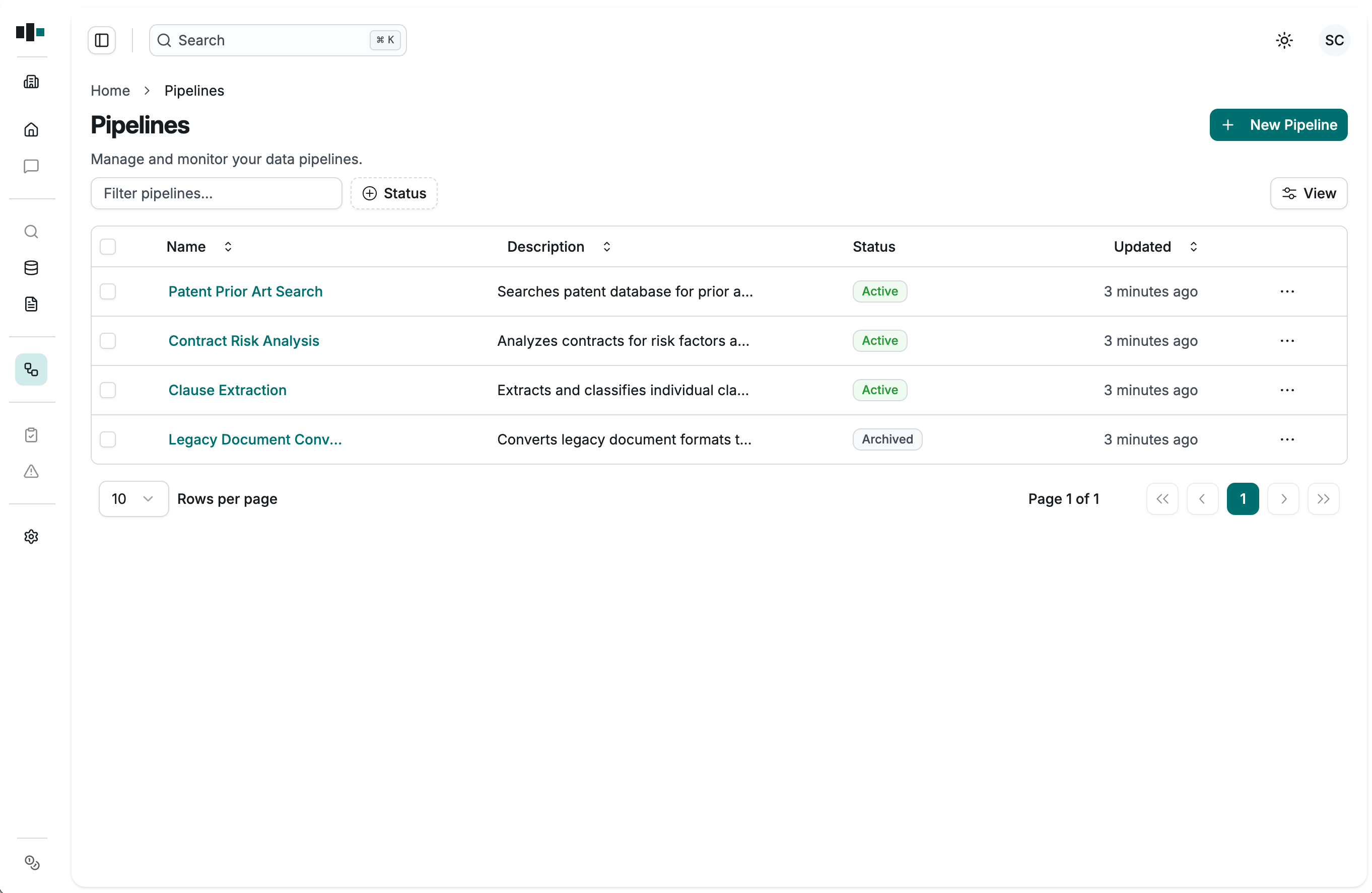 Catalyzed Orchestration - Pipeline list view with status indicators